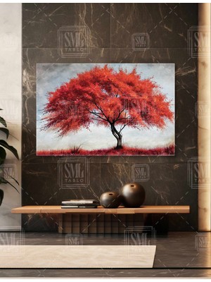 SML Tablo Kırmızı Dilek Ağacı Soyut Renkli Ağaç Sonbahar Manzarası Yatay Kanvas Tablo