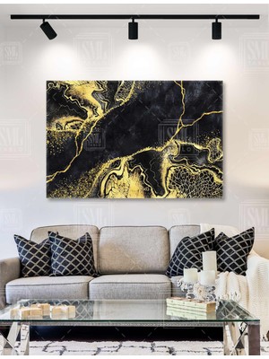 SML Tablo Mermer Doku Desenli Siyah Arkaplan Soyut Dalgalı Sarı Altın Gold Detaylar Yatay Kanvas Tablo