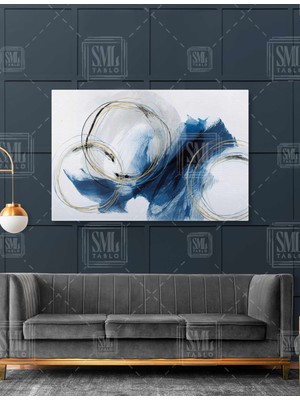 SML Tablo Modern Daireler Mavi Fırça Izleri Soyut Dekor Yatay Kanvas Tablo