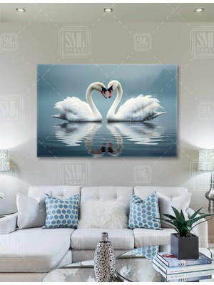 SML Tablo Aşık Kuğular Gölde Yüzen Beyaz Zarfif Kuğular Yatay Kanvas Tablo
