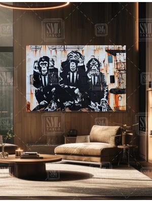 SML Tablo Üç 3 Maymun Görmedim Duymadım Bilmiyorum Banksy Grafitti Yatay Kanvas Tablo