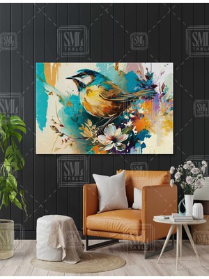 SML Tablo Renkli Serçe Kuşu Çiçek Üstünde Rengarenk Kuş Sevimli Kuşlar Yatay Kanvas Tablo