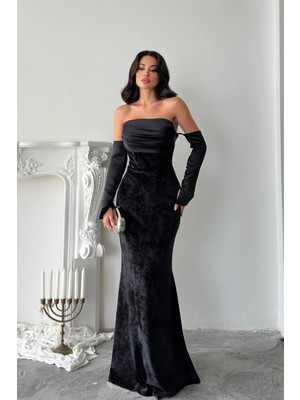 Feminist Siyah Drapeli Takma Kol Detaylı Kadife Abiye 0801068.01