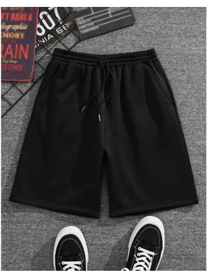 Unisex Iki Iplik Düz Oversize Şort - Siyah