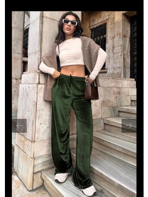 Bosel Kadın Yüksek Ben Beli Lastik Detay Kadife Kumaş Bol Paça Pantolon
