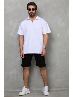 Mzp Kartan Unisex Yarım Fermuarlı Düz Oversize T-Shirt - Beyaz