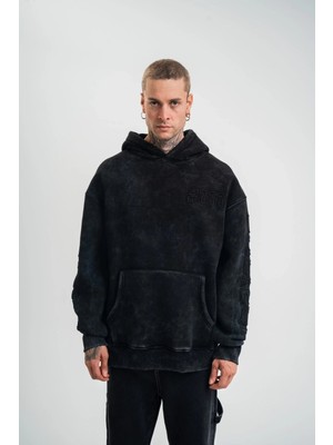 Mzp Kartan Unisex Uzun Kol Kapşonlu Yıkamalı Nakışlı Sweatshirt - Siyah