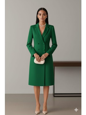 Nake Butik Kırmızı Çift Düğmeli Ceket Yaka Blazer Elbise