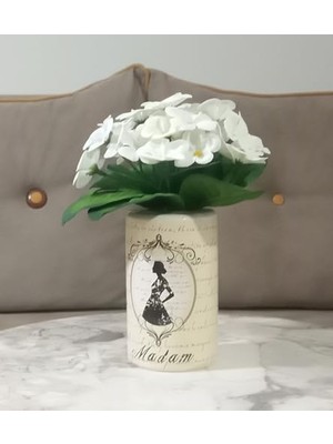 Dahil, Dahil,vazoda Çiçek,beyaz Yapay Çiçek, Dekoratif Madam Desenli 7X7X16CM