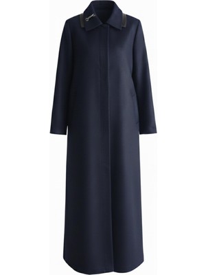 Olcay Gömlek Yaka Deri ve Taş Aksesuarlı Büyük Beden Gabardin Süet Pardesü Lacivert 6796