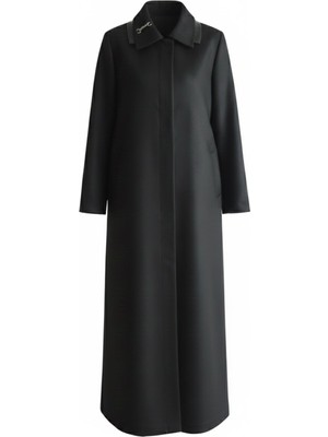 Olcay Gömlek Yaka Deri ve Taş Aksesuarlı Büyük Beden Gabardin Süet Pardesü Siyah 6796