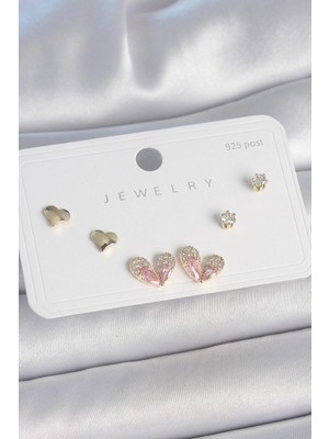 Üreticiniz Pirinç Gold Renk Pembe Zirkon Taşlı Kalp Model 925 Ayar Gümüş Çivi Kadın Küpe Seti