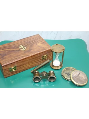 DecoTech Ahşap Kutulu Pirinç Pusula, Kum Saati, Dürbün Seti (55476)