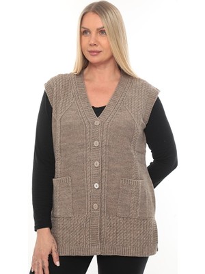İKSUN Kadın Düğmeli Cepli V Yaka Örgü Yün Anne Triko Kışlık Yelek