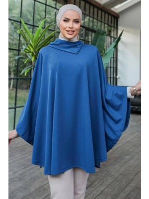 Düğme Detaylı Şık Tasarımlı Şal Yaka Panço