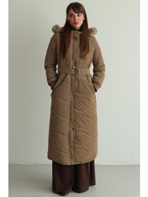 Olcay Kapüşonu Çıkabilir Kürklü Fermuarlı Uzun Kapitone Mont S.kahve 6802