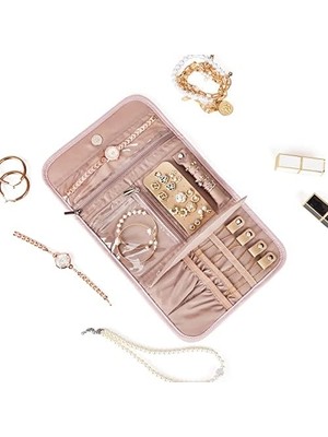 Belalıfe Seyahat Takı Kutusu Düzenleyici, Küpeler, Kolyeler, Yüzükler, Bilezikler, Broşlar, Pembe Için Katlanabilir Takı Saklama Rulosu