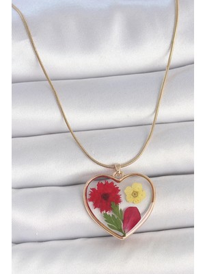 Üreticiniz 316L Çelik Gold Renk Zincir Epokis Kalp Doğal Çiçek Model Kadın Kolye