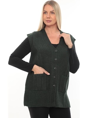 İKSUN Kadın Düğmeli Cepli V Yaka Örgü Yün Anne Triko Kışlık Yelek