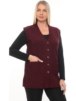 İKSUN Kadın Düğmeli Cepli V Yaka Örgü Yün Anne Triko Kışlık Yelek