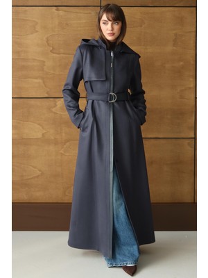 Olcay Çıkabilir Kapüşonlu Deri Garnili Gabardin Süet Görünümlü Pardesü Lacivert 6806