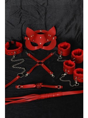 Dodes Dodes Kırmızı Içi Tüylü Maske,kol,bacak,ağız Topu,kırbaç,tasma Harness Set