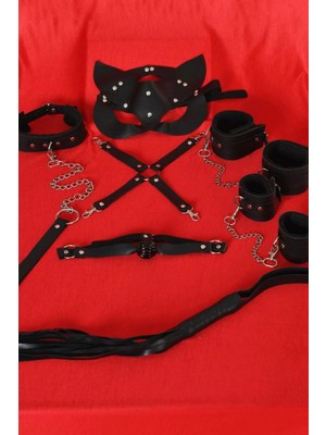 Dodes Dodes Siyah Içi Tüylü Maske,kol,bacak,ağız Topu,kırbaç,tasma Set