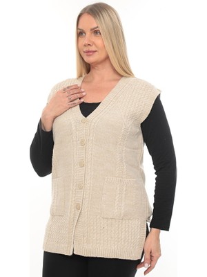 İKSUN Kadın Düğmeli Cepli V Yaka Örgü Yün Anne Triko Kışlık Yelek