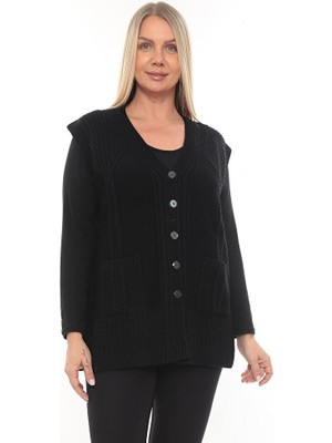 İKSUN Kadın Düğmeli Cepli V Yaka Örgü Yün Anne Triko Kışlık Yelek