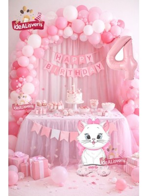 Ayaklı Sevimli Kedi Yaş Folyo Balonlu Iyi Ki Doğdun Yazılı Pembe Gold Konsept Doğum Günü Parti Seti