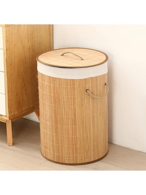 Ekolojik Bambu Çok Amaçlı Saklama Sepeti, Pamuk Bez Iç Astarlı, Kapaklı ve Halat Saplı Modern ve Minimalist Tasarım (Yuvarlak)