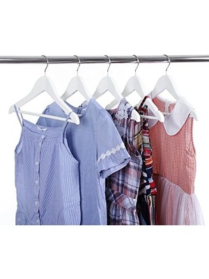 CRW06W-20 Çocuk Elbise Askısı, 20'li Set, 35 cm Uzunluğunda Ahşap Askı, Masif Ahşap, Kaymaz Pantolon Köprüsü ve Çentikler, Kanca, 360° Döndürülebilir, Beyaz