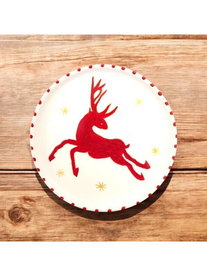 Mimoza Porselen Kırmızı ve Yeşil Geyik Desenli Porselen Yuvarlak Mini Sunum Tabağı 2'li