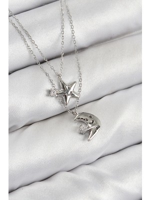 Üreticiniz Pirinç Zirkon Taşlı Yıldız ve Ay Model Gümüş Renk Kadın Kolye