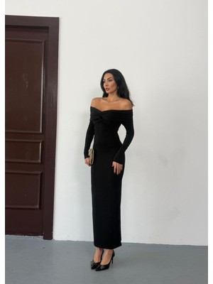 Ayshan Madonna Yaka Önü Çapraz Eruna Siyah Kadın Elbise