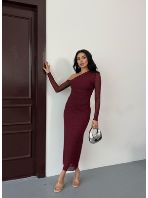Ayshan Bordo Tek Omuz Taşlı Elbise