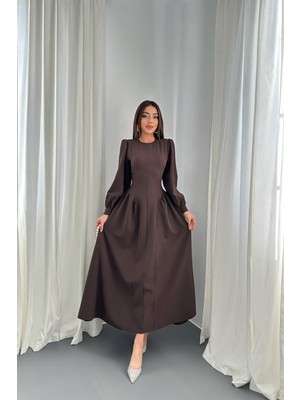 Ayshan Kahverengi Zarif A Kesim Yanları Büzgülü Elbise Balon Kollu