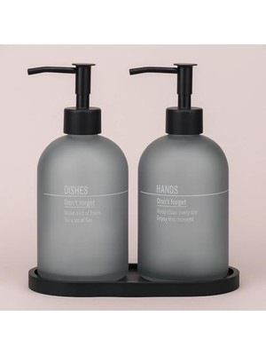 Modern Cam Sıvı Sabunluk Seti, Mutfak ve Banyo Için, 2'li, Gri ve Siyah, Pompalı Ahşap Standlı 500ML Lüx, Mutfak ve Banyo Seti Modern Cam Sıvı Sabunluk, Doldurulabilir Losyonluk