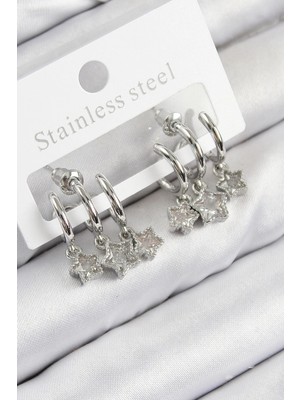 Üreticiniz Pirinç Zirkon Taşlı Sallantılı Yıldız Model Gümüş Renk Kadın Küpe