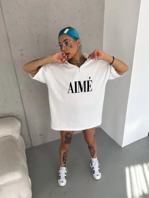 Bosel Unisex Yarım Fermuarlı Baskılı T-Shirt - Beyaz