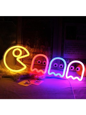 Pacman Gece Lambası Neon Tabela Oyun Dekoru Duvar Süsü 40 x 15 cm