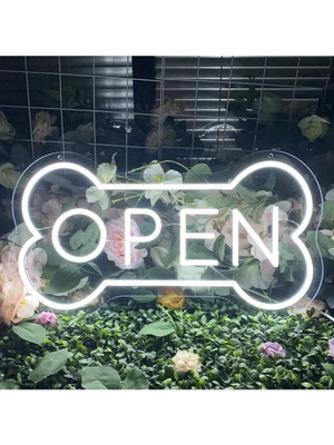 Neon Tabela Kemik Içinde Open Yazılı Neon LED Işıklı Tablo 40 x 20 cm