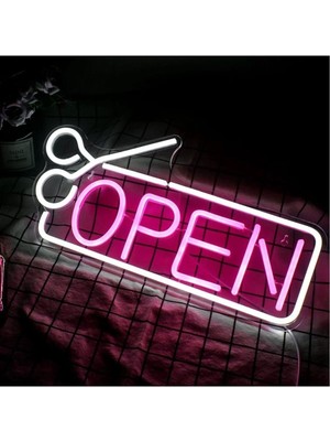 Neon Tabela Open Makas Yazılı Neon LED Işıklı Tablo 60 x 25 cm