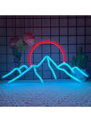 Neon Tabela Dağ ve Güneş Dekoratif Aydınlatma Gece Lambası Neon LED Işıklı Tablo 50 x 25 cm