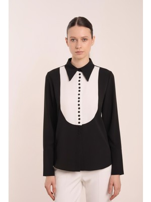 Ayshan Smokin Yaka Düğme Detaylı Siyah Kadın Gömlek