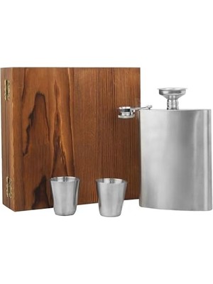 Ahşap Kutulu Paslanmaz Çelik Cep Matarası Seti | 210 ml | Hediyelik Erkek Seti | Viski Matarası | Babalar Günü, Doğum Günü Için Şık Hediye