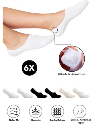 Bamboo Star Bambu Kadın Babet Çorap Dikişsiz Görünmez Kaydırmaz Topuk Silikonlu Premium 3siyah 3beyaz 6'lı Beyaz Paket