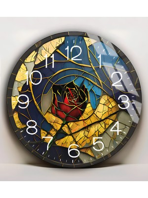 Harikabirev|kırılmaz Cam Duvar Saati  Lacivert Bordo Gold  Soyut Çiçek Tablosu 2 |yvrlkcm