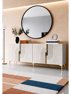 Yumedi Design KA1804BTG - Dünya Konsol, Tv Sehpası, Çok Amaçlı Dolap ve Kahve Köşesi 180CM Beyaz-Traverten-Gold