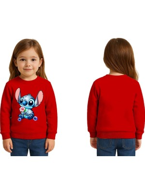 Sedirli Unisex Stitch Baskılı Çocuk Swaetshirt 3 Iplik Şardonlu